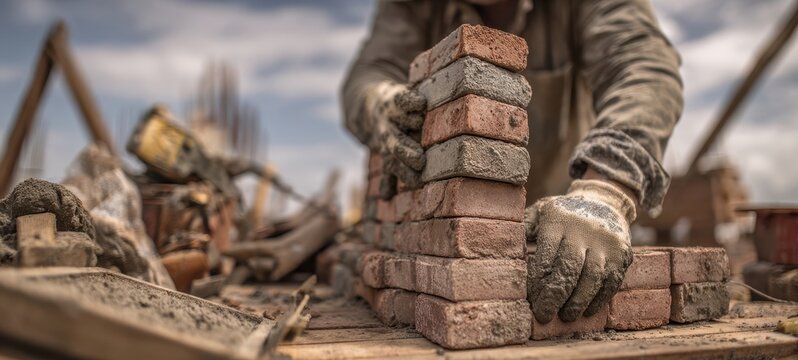 The Bricklayer Building a Brick Wall with Gloved Hands on Construction Site