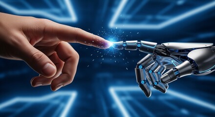 A human hand and a robotic hand connect with a spark, symbolizing the future of artificial intelligence and humanity.