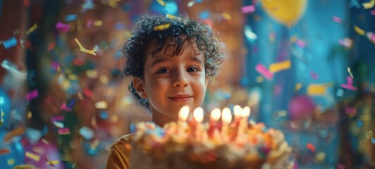 The Birthday Cake Celebrated by a Smiling Child with Candles and Confetti