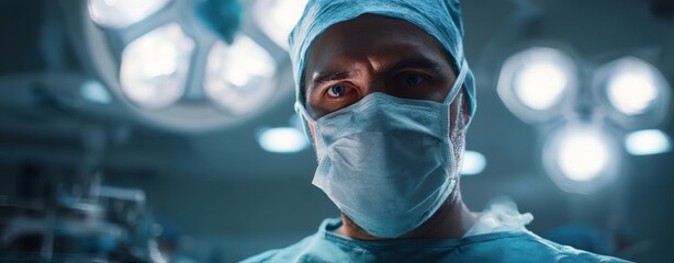 The surgeon in sterile scrubs focused under bright operating room lights during surgery