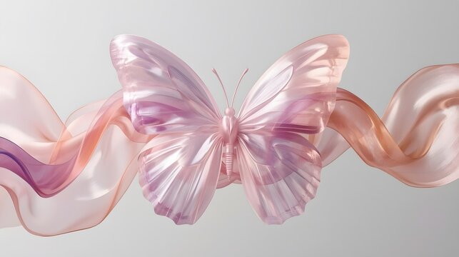 Surreal 3D Translucent Glass Butterfly with Flowing Ribbons in Pastel Pink - Powered by Adobe