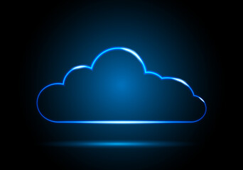 Fototapeta premium Neon elongated cloud. Neon digital cloud icon on a black and blue background. Visualization of data transmission over a network. Vector EPS 10.