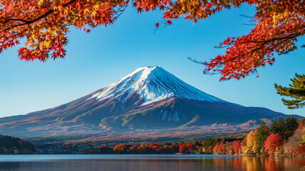 Iconic mount fuji with snow cap viewed across a calm lake framed by autumn foliage