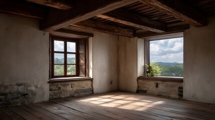 Sunlight streams into an old rustic room illuminating wooden beams textured walls and floor with offering a view of the outdoors