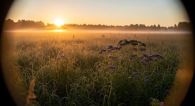 Sunrise over misty meadow with tall grass