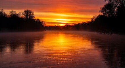 Vibrant sunrise over misty river water