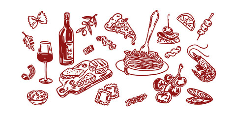Hand drawn crayon food illustration. Sketch style lunch or dinner, mediterranean. Vector of wine, charcuterie, spaghetti illustrations for invitations, menus, parties. La dolce vita italian style