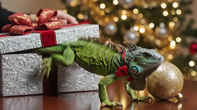 Green iguana peeps from embossed gift box with red bow