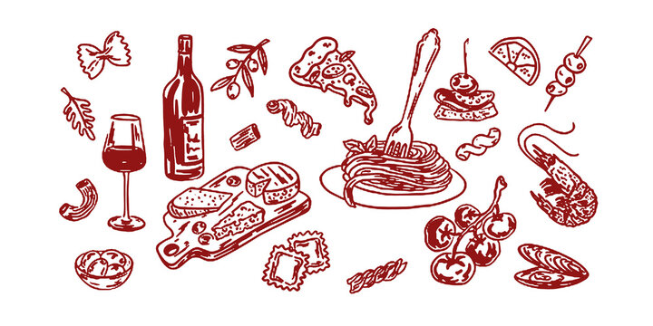 Hand drawn crayon food illustration. Sketch style lunch or dinner, mediterranean. Vector of wine, charcuterie, spaghetti illustrations for invitations, menus, parties. La dolce vita italian style