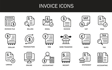 Invoice and Billing Icon Set – Finance, Accounting, Payment, Tax, and Business Management Symbols