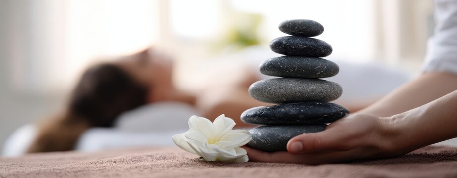 The Stacked Stones and Tranquil Spa Scene with Relaxed Woman in Background