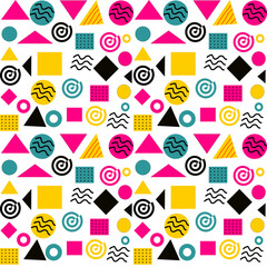 Memphis Style Geometric Pattern Background. Retro 80s Seamless Design.