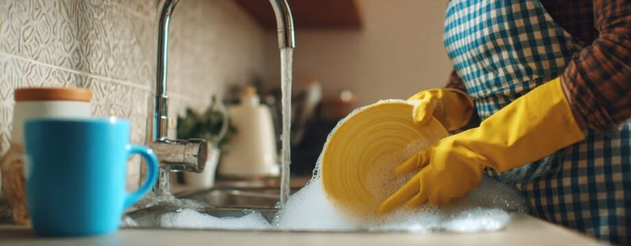 The hands washing dishes in a cozy kitchen sink with yellow gloves - Powered by Adobe