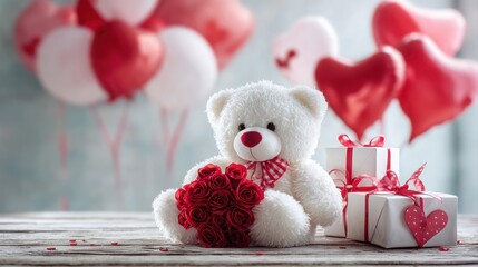 A cute white teddy bear holding a bouquet of red roses