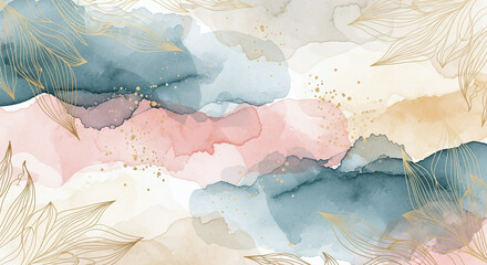 Watercolor abstract background with gold leaves.