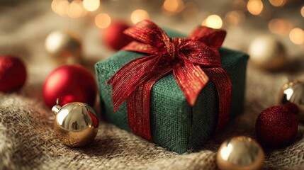 green christmas gift box wrapped with bright red satin ribbon bow, surrounded by red gold and silver baubles on straw background