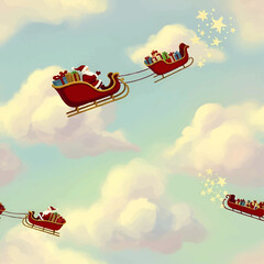 Several Santa Claus sleighs fly through a cloudy sky, delivering Christmas presents.