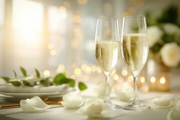 Two champagne glasses with white roses and candles on elegant table setting, romantic wedding celebration or anniversary toast concept