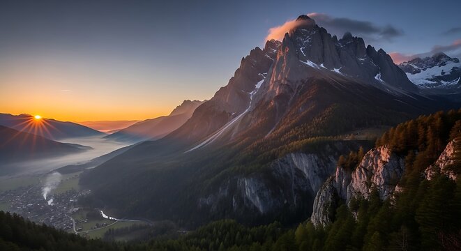 Sunrise over mountain valley with fog