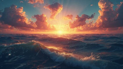 Beau lever du soleil aux couleurs orange et bleu, illuminant la nature. La lumière ensoleillée traverse les nuages, révélant un paysage éclatant de couleur et de beauté.
