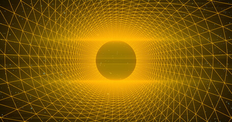 Abstract background of mesh grid tube in space. Symmetrically placed dots create a pattern and a rounding. Light glow Rotation
