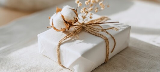 The Gift Wrapped In White Paper With Cotton Flower And Rustic Twine On Linen