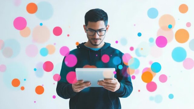 Video A person with glasses and a neutral expression holds a tablet computer, ready for digital tasks