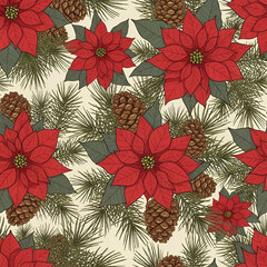 Festive illustration of red poinsettias, pine needles, and pinecones, creating a seasonal pattern.