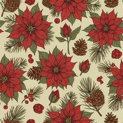 An illustrated pattern featuring festive red poinsettias, pinecones, and evergreen branches on a cream background.