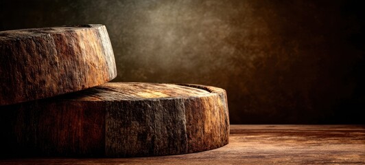 The Wooden Rounds on Rustic Table with Dramatic Lighting for Product Display