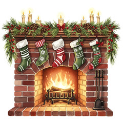 A cozy brick fireplace with burning logs, decorated with a garland, candles, and five festive Christmas stockings hanging above.