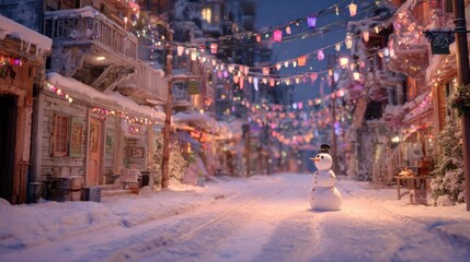 Fototapeta premium Snow-covered street with colorful lights and a cheerful snowman in a cozy winter village at dusk