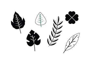 Black and white botanical vector icons set. Outline and silhouette leaves collection. Monochrome nature elements for minimalist design.
