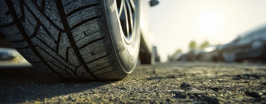 The Car Tire Closeup on Sunlit Asphalt Road with Parked Vehicles in Background