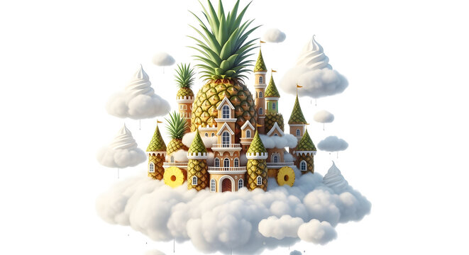 Surreal pineapple castle floating on white clouds with green turrets 3D rendering fantasy architecture