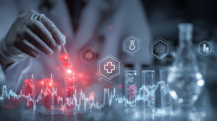 Scientist analyzing red samples in test tubes with futuristic medical icons and data graph laboratory