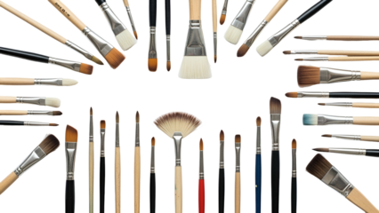 Assortment of paintbrushes arranged in a circle against a black background