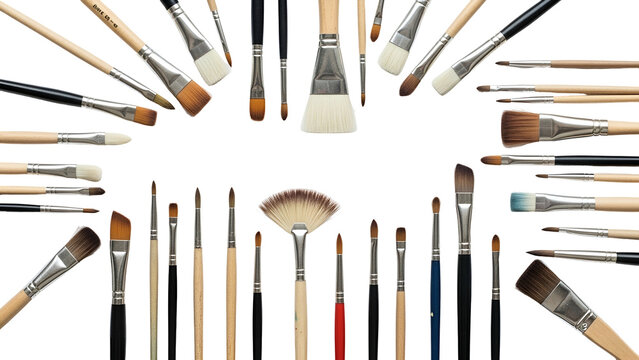 Assortment of paintbrushes arranged in a circle against a black background
