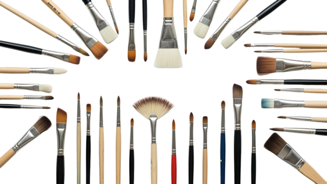 Assortment of paintbrushes arranged in a circle against a black background