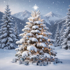 A softly lit snowy tree stands in a quiet mountain landscape, decorated with silver ornaments and surrounded by neatly wrapped gifts beneath falling snow.