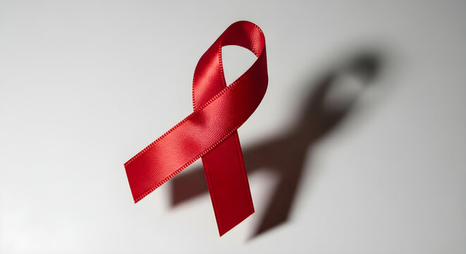 Symbolic red ribbon on a white surface symbolizing awareness campaign