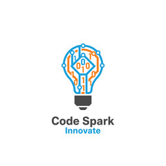 A tech-inspired logo featuring a lightbulb formed by circuit lines and binary code, symbolizing innovation, creativity, and smart digital solutions for Code Spark.