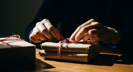 Hands Tying Festive Red and White Twine on Kraft Paper Gift Boxes: Moody Close-up of Holiday Wrapping Preparation for Christmas, Birthdays, or Special Occasions.
