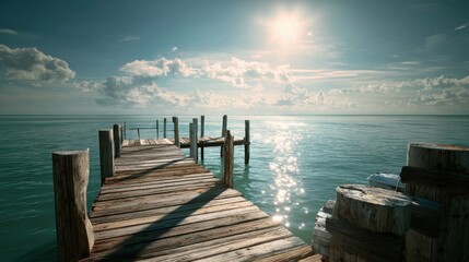 Serene Wooden Pier Overlooking Tranquil Waters Under Bright Sunlight and Soft Clouds in Azure Sky