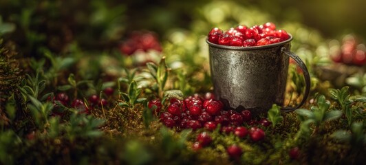 The Tin Cup Filled with Wild Red Berries on Mossy Forest Floor