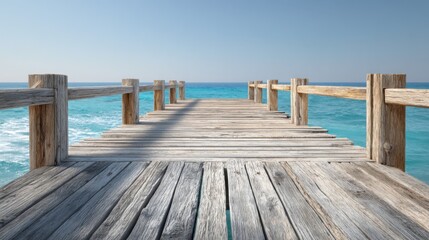 Fototapeta premium Serene Wooden Pier Extending Over Calm Turquoise Waters Under Bright Clear Sky, Perfect for Relaxation or Vacation Imagery