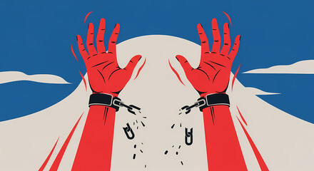 Freedom concept with broken chains on red arms in abstract style