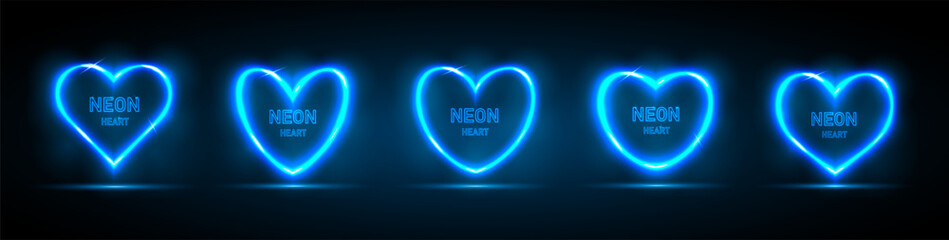 A set of neon heart-shaped frames with a place for text on a black and blue background. Neon futuristic elements for your design. Vector EPS 10.