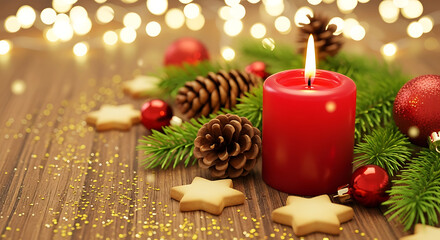 Festive christmas still life with red candle pine cones and star cookies