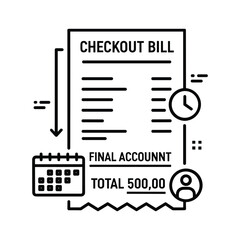 Checkout bill with final account details, calendar, clock, and total amount, isolated on